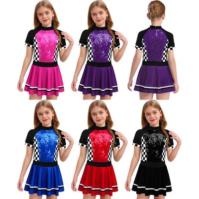 Girls Checkerboard Shiny Sequins Race Dress Mock Neck Short Sleeve Back Invisible Zipper with Built-in Briefs for Halloween Theme Party