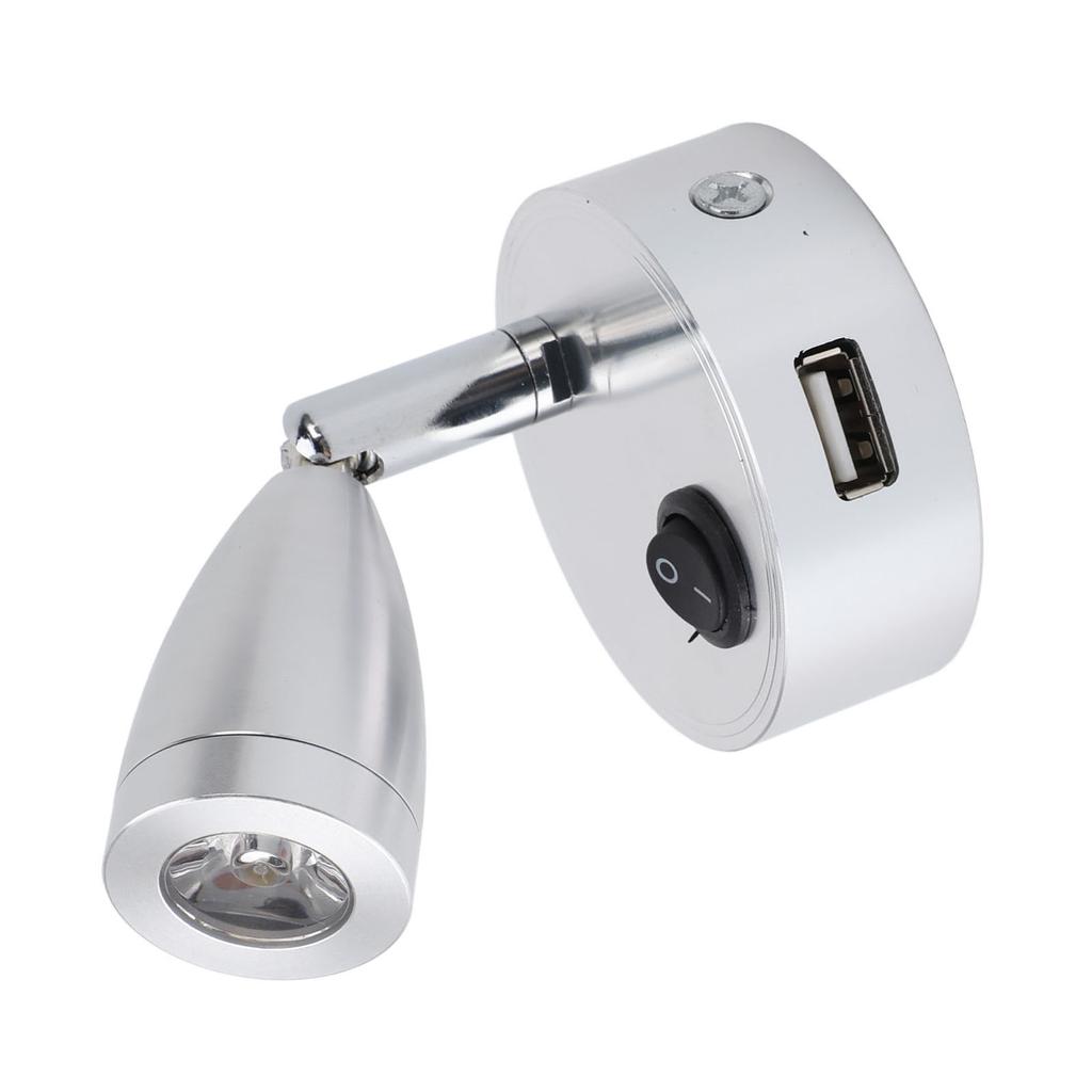 RV Reading Lamp Button Switch 350° Rotatable RV Spotlight with USB Port for Boat Yacht Motorhome 4000K DC10‑30V Silver