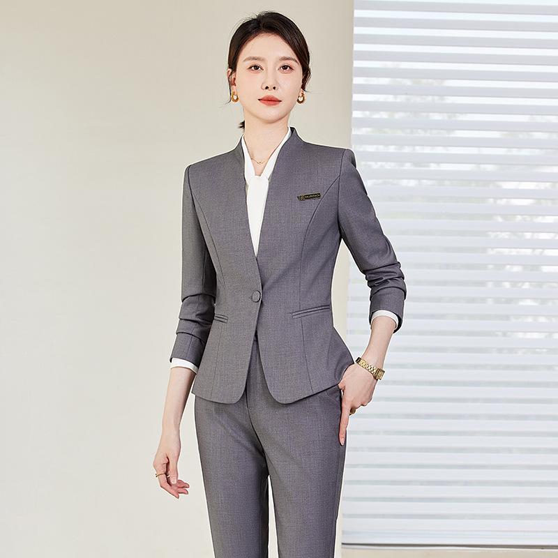 Women's Navy Blue Petite Suit Set for Spring/Autumn - Professional Dress for Interviews & Business