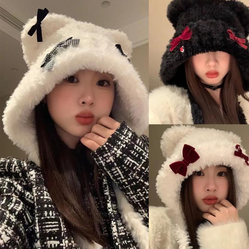 Bowknot Bear Ear Hat Warm Ear Flap Hat Ear Protective Cap Cold Weather Beanies