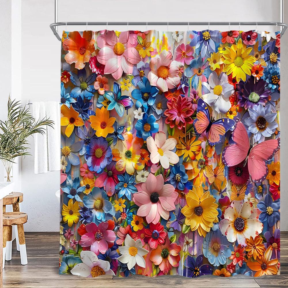 Watercolor Floral Shower Curtain Daisy Herb Plant Flower Botanical Bathroom Decor Modern Dark Polyester Bath Curtain With Hooks