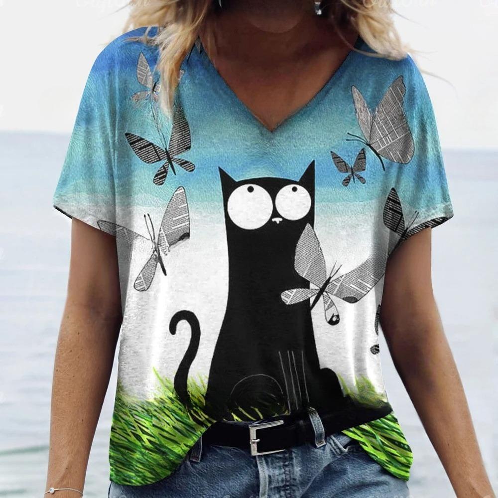 T-Shirts Women's Fashion T-Shirt Cat Print Casual Comfort Short Sleeve Crew Neck Pullover Clothing