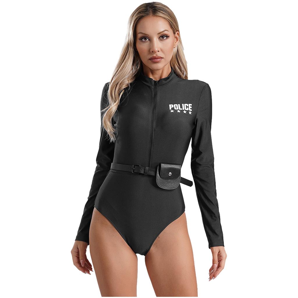 Womens Police Uniform Bodysuit Front Zipper Long Sleeve Print Design Belt Purse Included Cosplay Costume