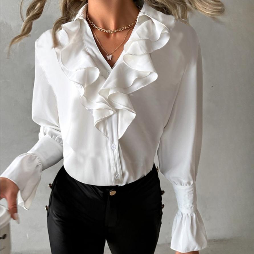 BITCED Women's Autumn Fashion Ruffle Long Sleeve V-Neck Solid Colour Ladies Shirt Blouse