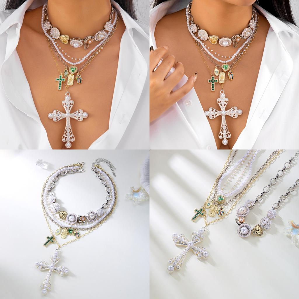 Style Layered Cross Pendant Necklace With Rhinestone Embellishments For Women