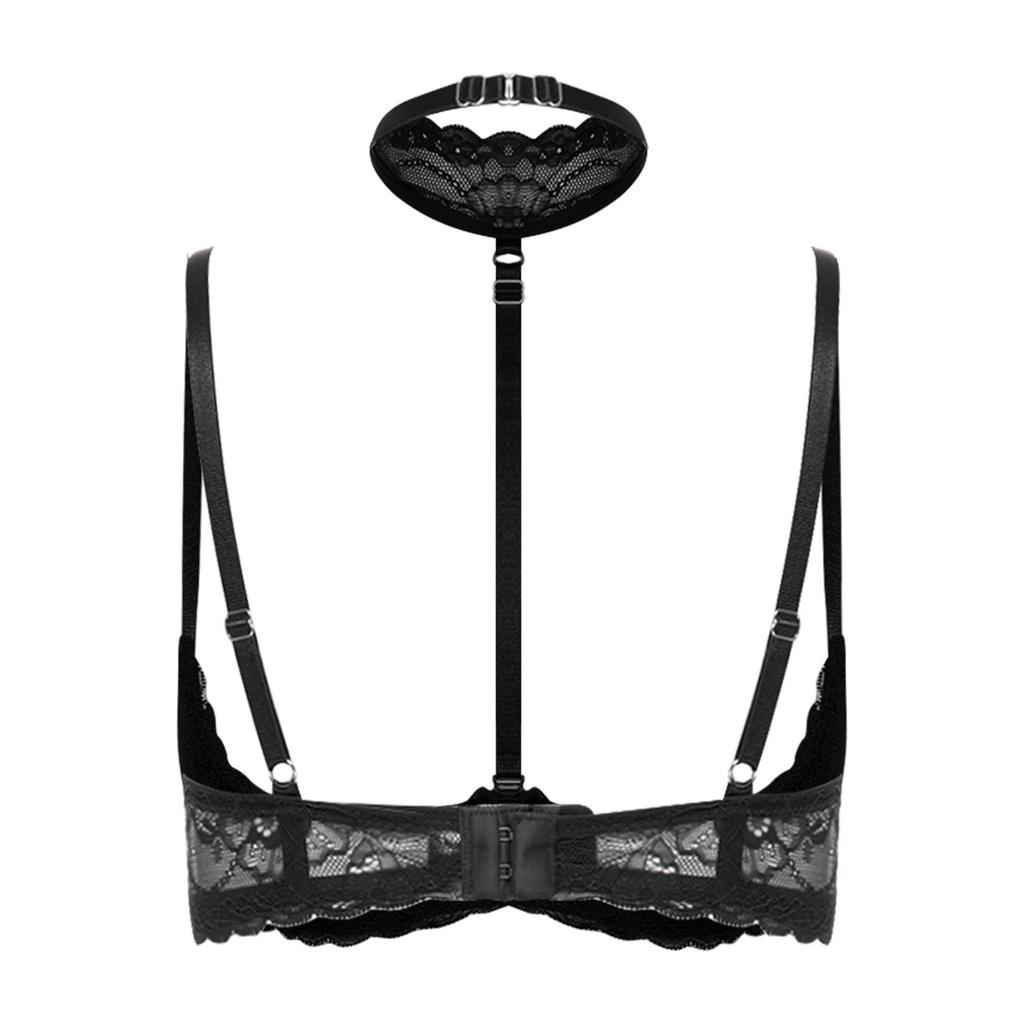Damen 1/4 Cup Push-Up Ungefütterter Spitzen-BH Bügel-Balkonett-BH-Top Weiche Brustpolster Choker