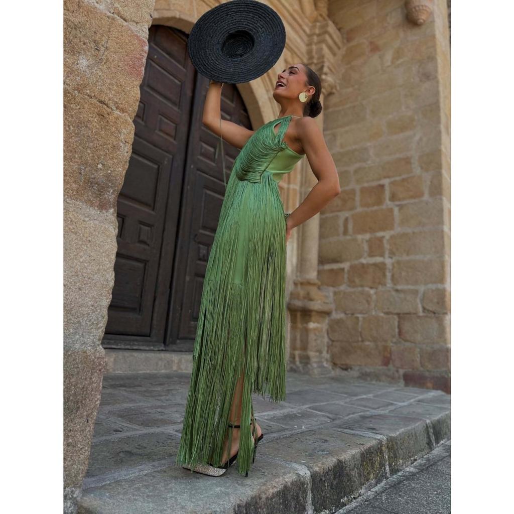 Spring Summer Halter Tassel Long Maxi Dress, Elegant Evening Party Prom Gown for Women, European American Style