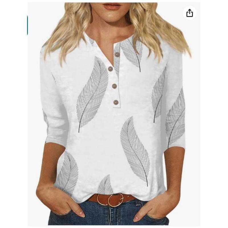 Button V-neck 3D Printed Top Fashionable Casual Long Sleeved Women's T-shirts
