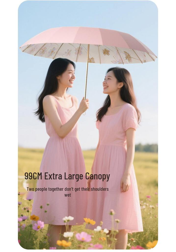 32-Rib Dual-Use Sun & Rain UV Protection Women's Folding Umbrella - New Chinese Ancient Style