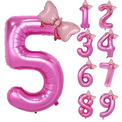 32-calowy Różowy Balon Foliowy z Cyfrą i Mini Kokardką Zestaw 1 2 3 4 5 6 7 8 9 Dla Dzieci Chłopców Dziewczynek Impreza Urodzinowa Dekoracje na Baby Shower