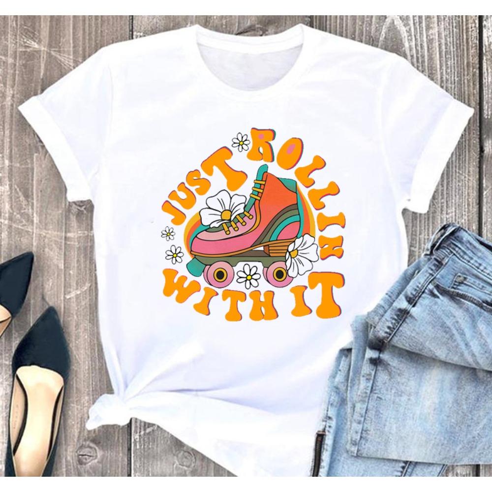 Watercolor Peace Love Skating Graphic Print Tshirt Girls Roller Skating Enthusiast Women Funny Female Wholesale