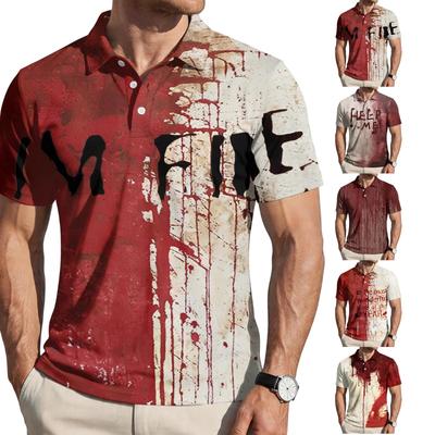 Men's Halloween Print Casual Short Sleeve Polo Shirt Button Down Collar Lightweight Breathable Fabric Summer Top