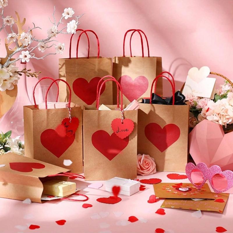 10PCS Valentine's Day Heart Candy Bags Kraft Paper Gift Bags with Handles for Weddings and Birthday Parties