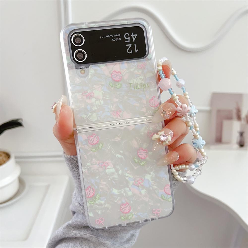 

Чехол-ремешок с браслетом Tulip Flower 6/5, роскошный узор Shell для Samsung Galaxy Z Flip 6/5/4/3 Z5/Z6/5G, чехлы, чехол for Samsung Z Flip 4
