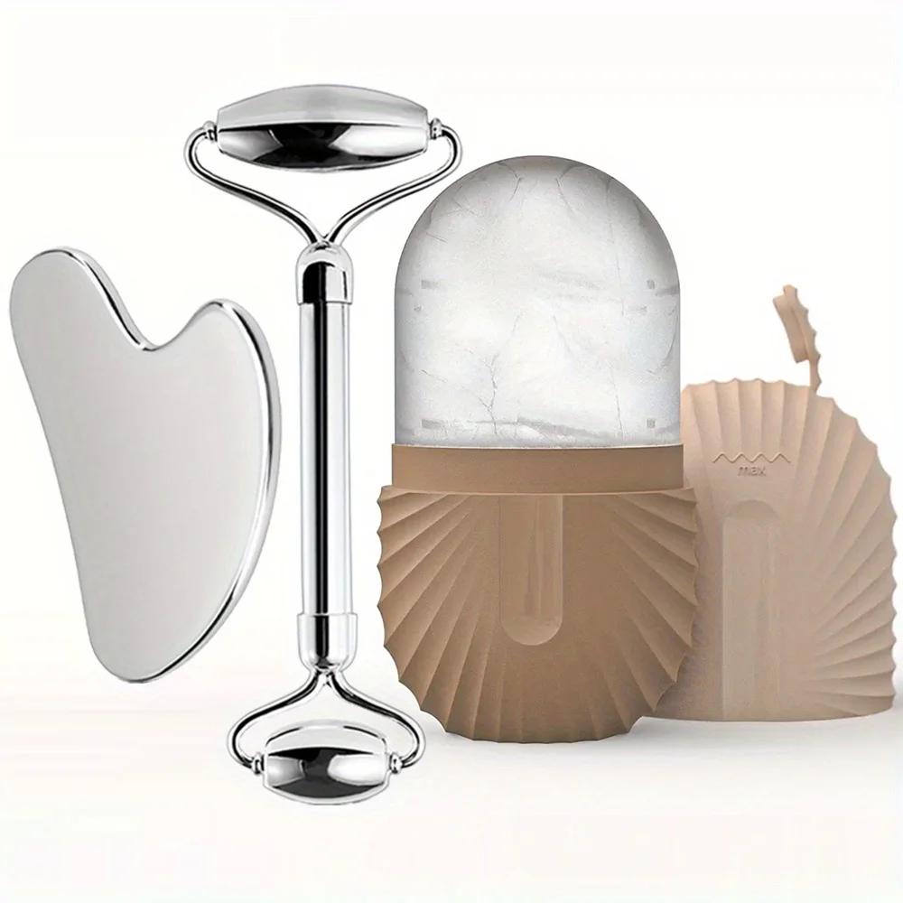 3in1 Stainless Steel Ice Face Roller & Gua Sha Facial Skincare Tool Kit Face Lifting Facial Treatment Reduce Acne Skin Care Tool