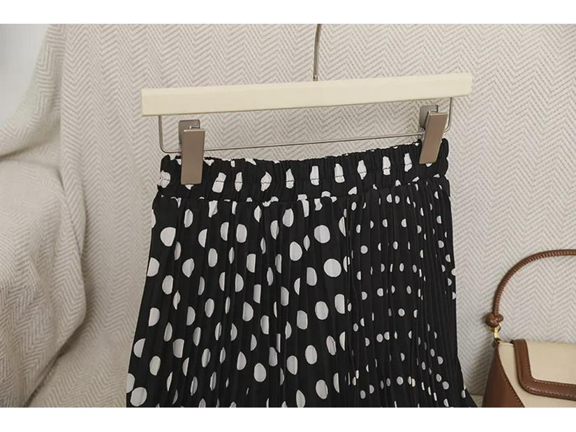 Retro Hong Kong Polka Dot Patchwork Midi Skirt: Elastic Waist, Irregular A-Line, Versatile Pleated Skirt for Women