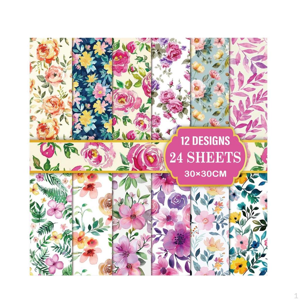 24 Sheets Floral Theme Craft Paper Scrapbook Vivid Prints for Scrapbooking, Party