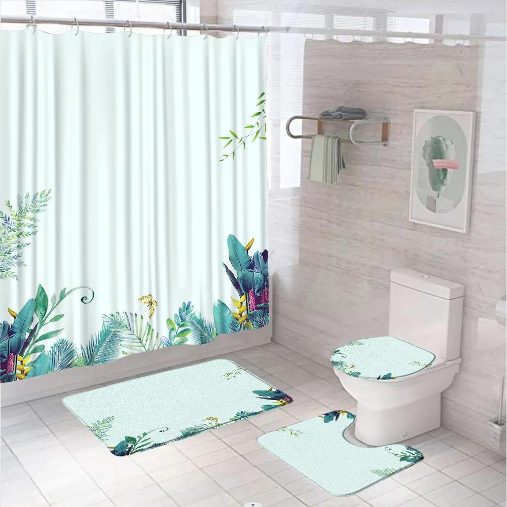 Watercolor Plant Floral Shower Curtain Set Country Wild Flower Leaves Bathroom Decor Screen Non-Slip Bath Mat Toilet Rug Carpet
