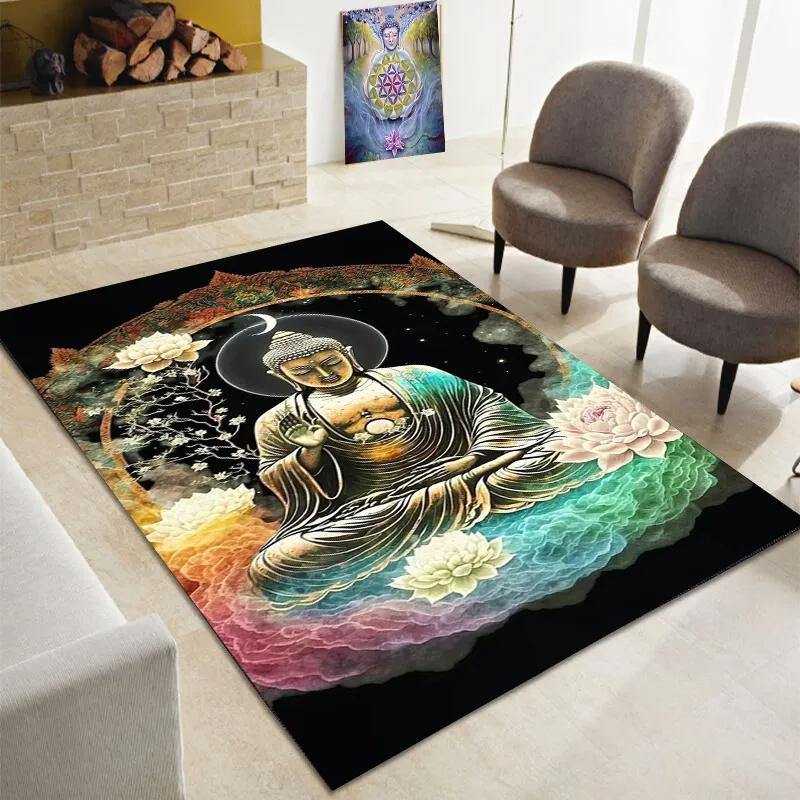 Buddha Teppich, Buddhismus Bereichsteppiche für Schlafzimmer Wohnzimmer Eingangsbereich, Buddha Statue Muster Meditation Bodenmatte Rutschfester Yoga Teppich