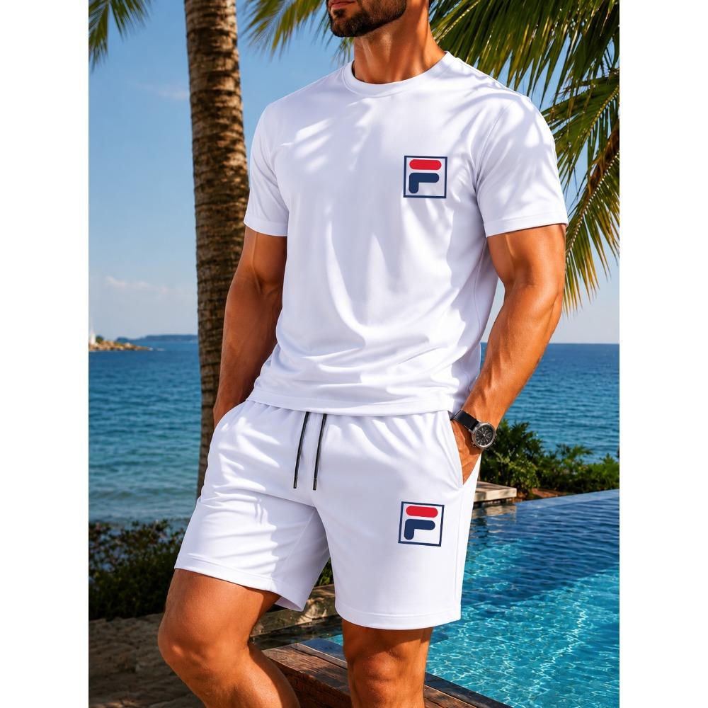 Men's Outdoor Leisure Sports 3D Printed Round Neck Short Sleeved T-shirt and Shorts Set Trendy and Fashionable Men's T-shirt