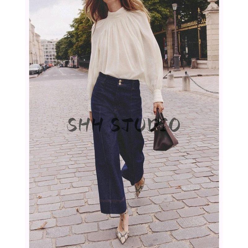 New Fall Women's Clothing French Style Design Stand Collar Raglan Lantern Long Sleeve Draped Tops 1297202