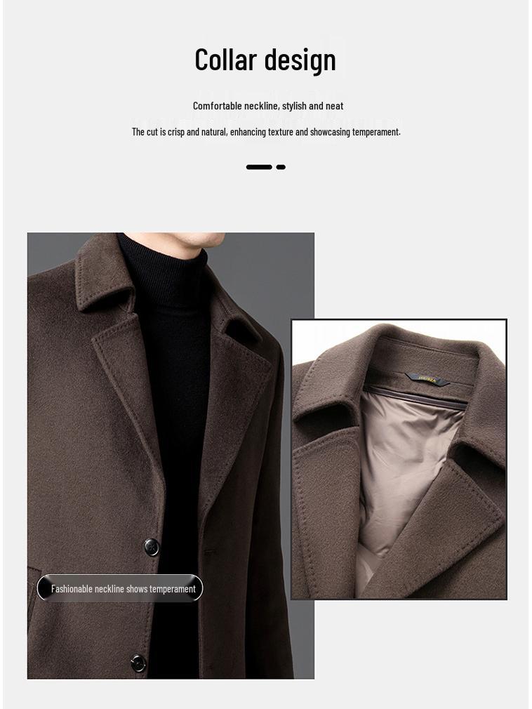 2025 Winter Men's Fashion Wool Coat, Double-Sided with Suit Collar, White Goose Down, Trendy Warm Outerwear
