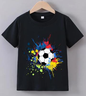Kids Summer Soccer Ball Print T-Shirt Crew Neck Top Casual Regular Fit with Slight Stretch Cartoon Pattern for Boys Men Clothing