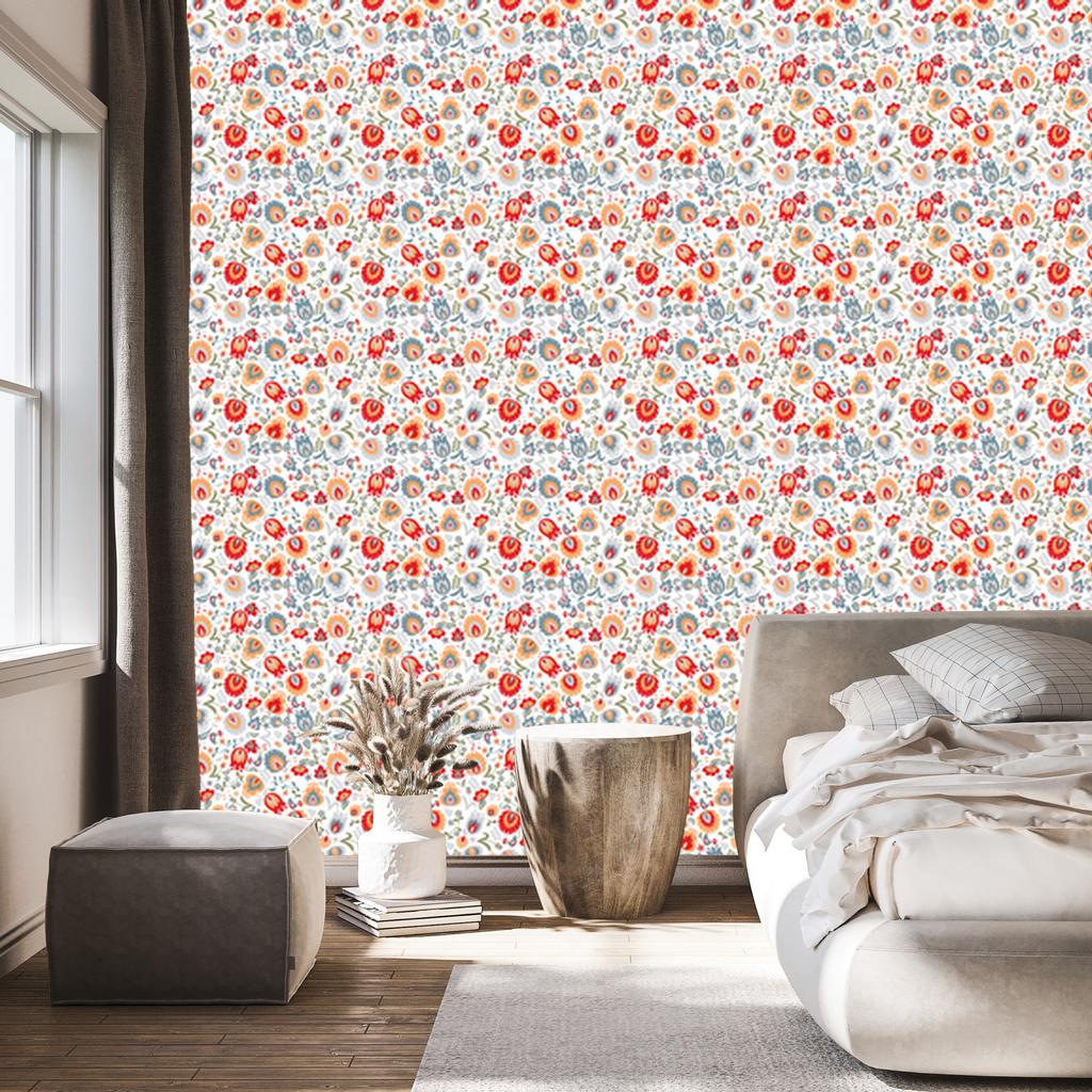 Light gray and coral flowers wallpaper for living room and bedroom 50x1000