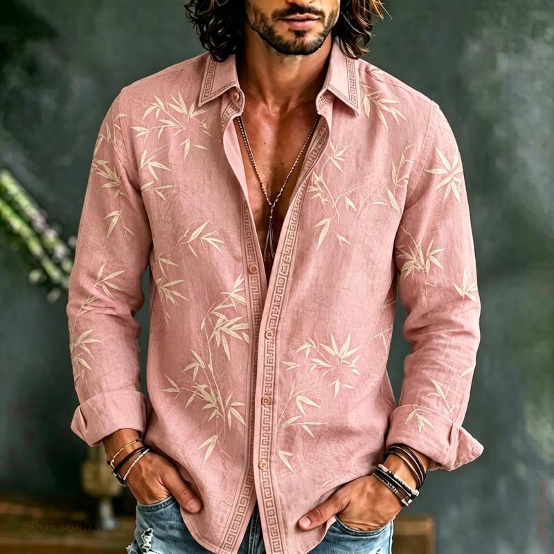 Men's Long Sleeved Shirt with Bamboo Leaf Pattern Full Printing, Daily Commuting, Travel, Vacation, Fashionable and Trendy Shirt