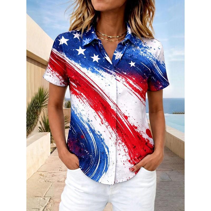Womens Loose Fit Short Sleeve Printed Shirt Casual Vacation Style Collared Open Front Top