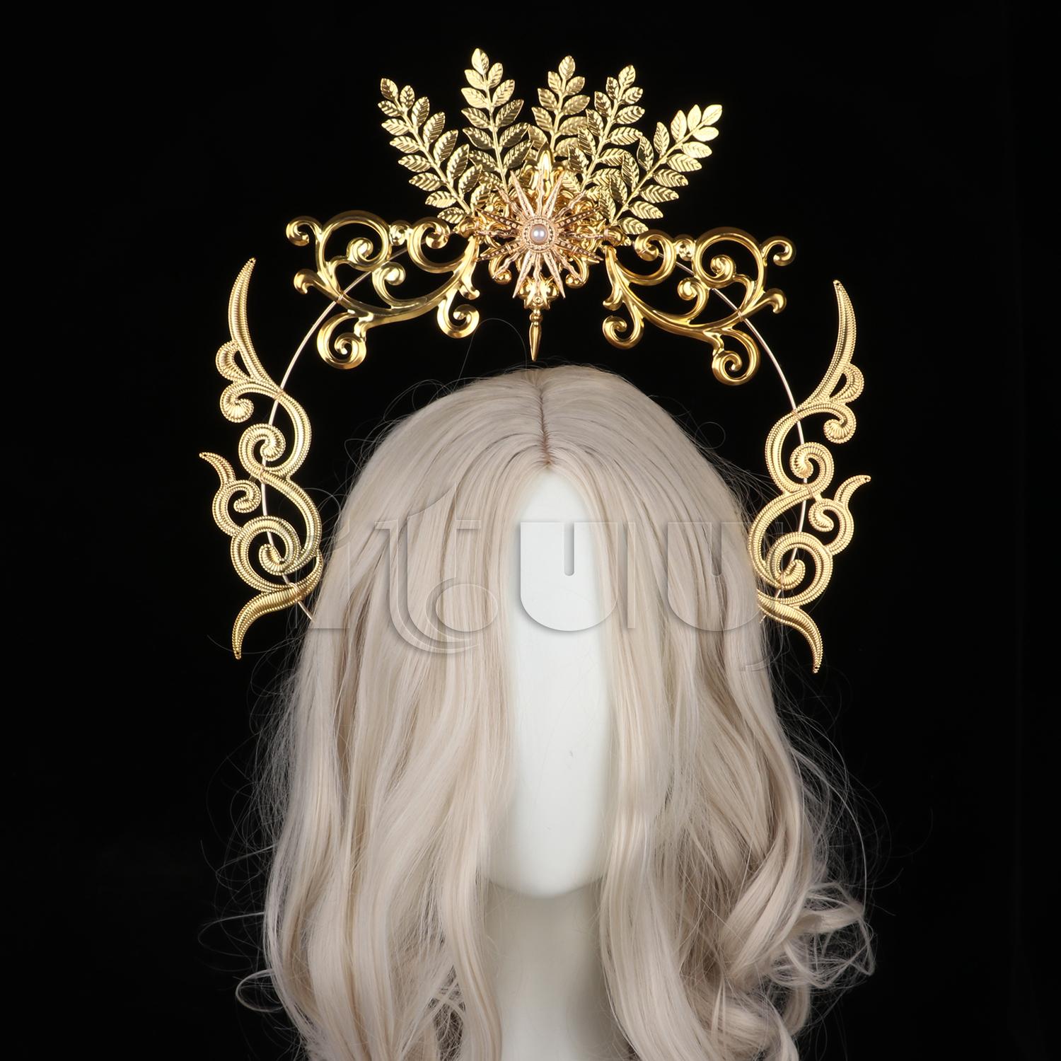 

Gold Sun Leaf Sun KC Halo Headband Gothic Lolita Cosplay Hair Accessories Queen Sun Goddess Baroque Women Crown Headpiece золотий