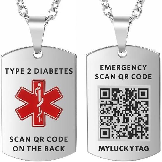 MYLUCKYTAG QR Code Medical Alert Necklace for Men Women - Stainless Steel Engraved Medical ID Tag - Free Online Emergency Medical Profile - Emergency TYPE 2 DIABETES,Silver