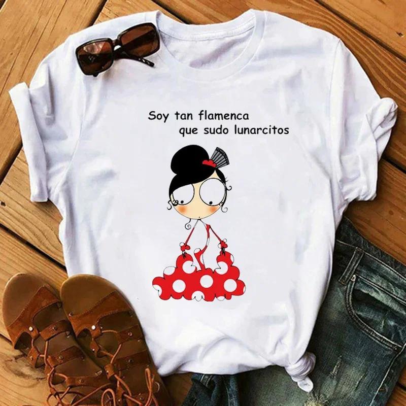 Women T Shirt Flamengo Dance Cartoon Girl Printed Shirts Fashion O-neck Femme Tshirts Cute Tops Tees Women Aesthetic Clothes