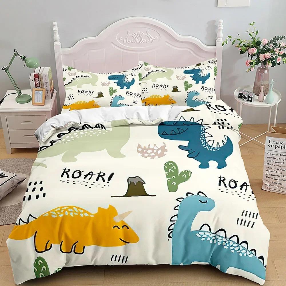 Kids Cartoon Dinosaur Bedding Set KingQueenFull Size Cute Animal World Duvet Cover Orange Yellow Polyester