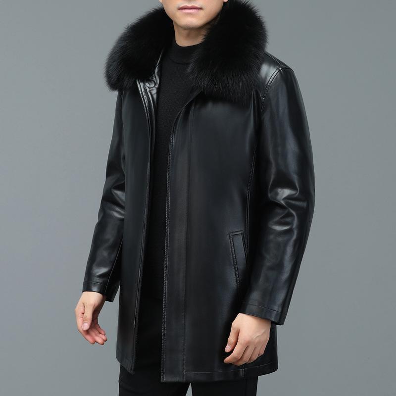 Läderdunjacka Herr Mellanlång Herrläder Päskrage Avtagbar Inner Vinter Gall Förtjockad Fårskinnsjacka Herrkappa