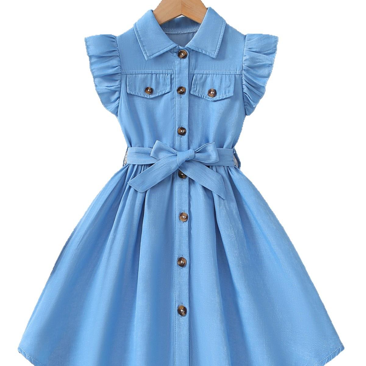 Girls Summer Dress with Peter Pan Collar Flounce Sleeves Waist Tie Single Row Buttons Blue Childrens Dress 3-4Y