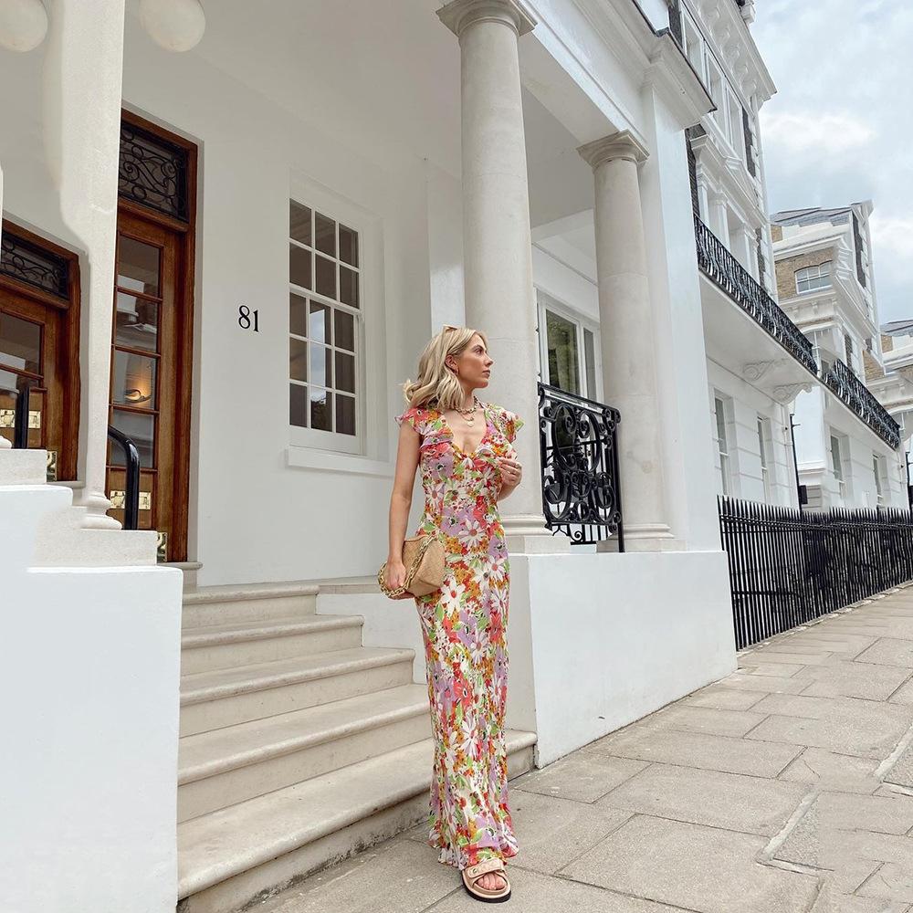 New Spring and Summer European and American Women's Clothing Dress Temperament Commuter Printing Backless Sexy Floral Skirt Skirt