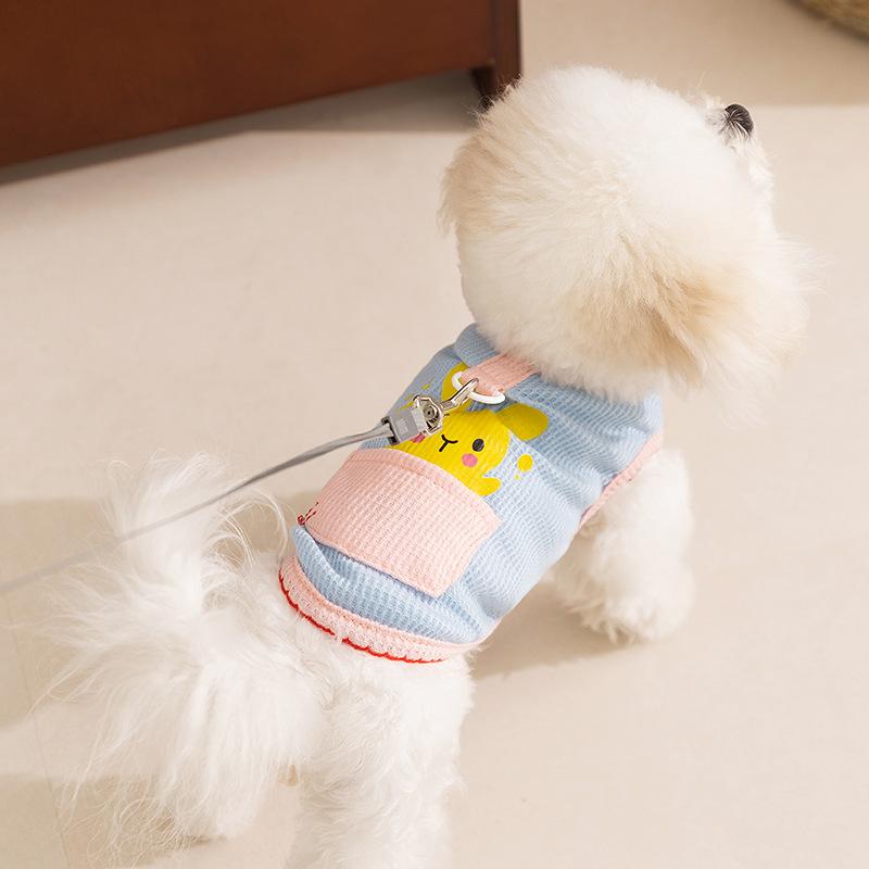 New Spring and Summer Cartoon Pocket Traction Dog Vest Waffle Breathable Cool Two-legged Pet Dog Clothes