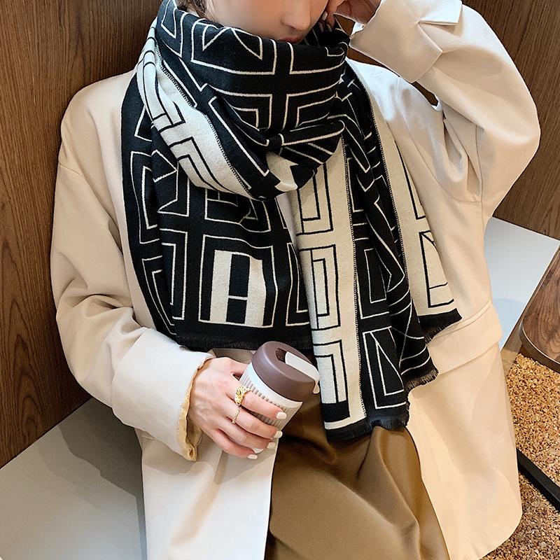 Korean Style Versatile Long Women's Air Conditioning Shawl Scarf Autumn and Winter Geometric Thickened Imitation Cashmere Scarf for Women