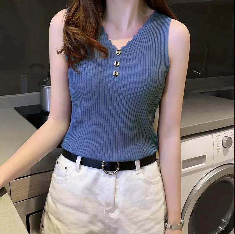 

Летняя женская рубашка больших размеров без рукавов из ледяного шелка, сплошной цвет, свободная рубашка с v-образным вырезом и коротким низом, топ, жилет, свободный эластичный XL синий