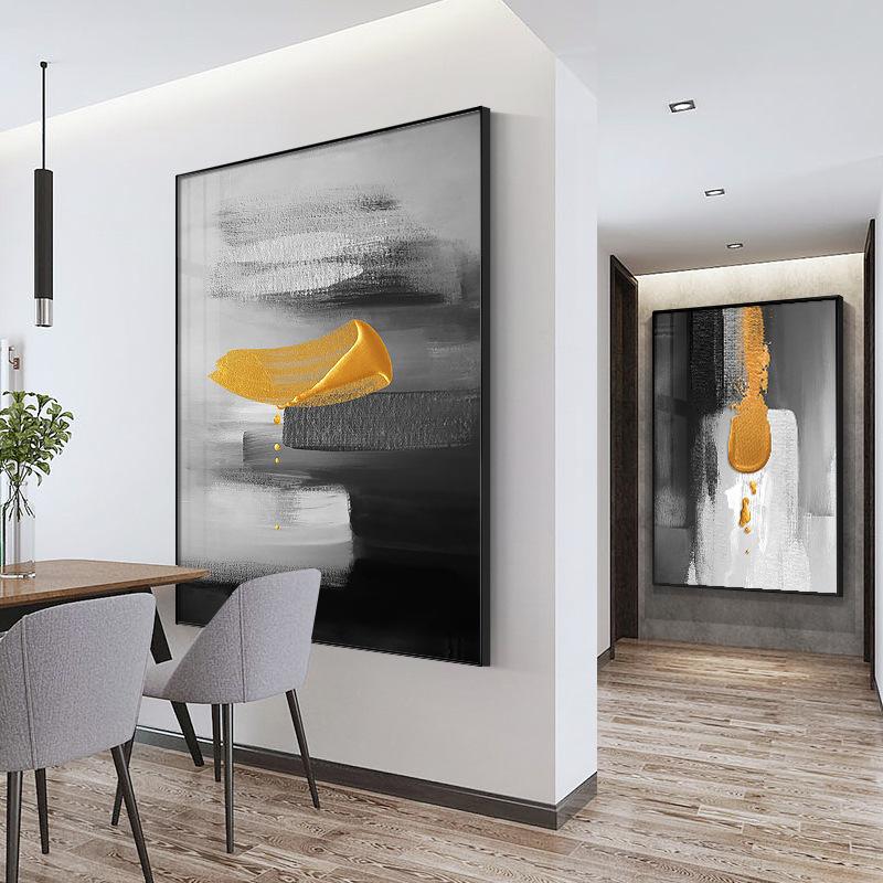Black and White Yellow Abstract Oil Painting Printed On Canvas Gold Foil Modern Posters and Prints for Living Room Porch Decor
