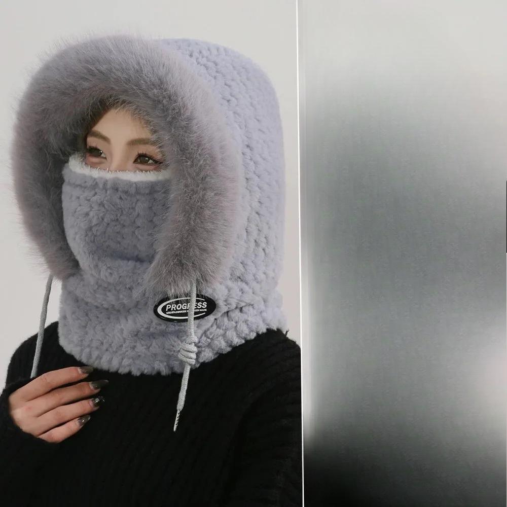 Autumn And Winter Women Thermal Plush Hat Hood Scarf And Mask Ear Protection Windproof Thick Design For Riding Outdoor