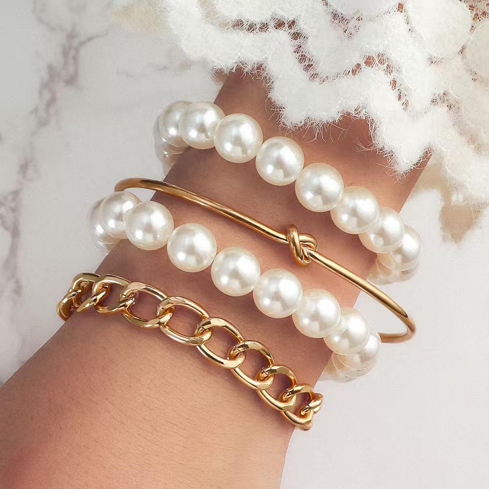 Versatile Pearl & Heart Chain Bracelet Set - Unisex Punk Retro Style