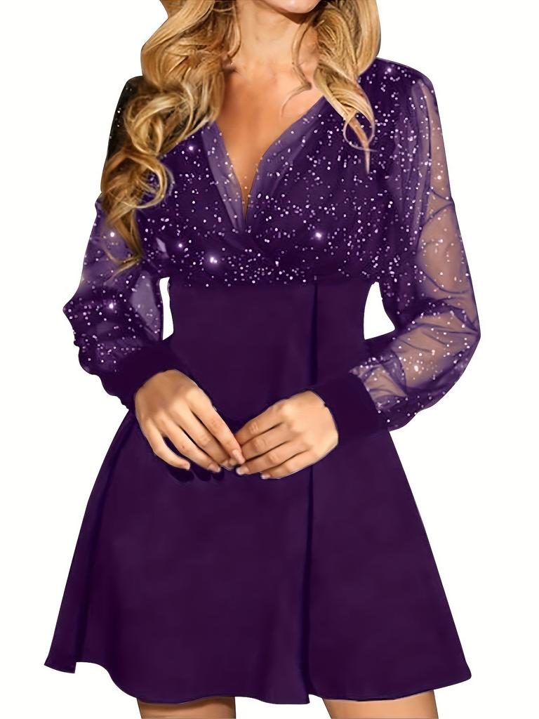 European and American new mesh stitching solid color v-neck long-sleeved sexy and elegant dress