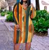 Women Plus Size V Neck Long Sleeve Printed Fitted Straight Hem Dress