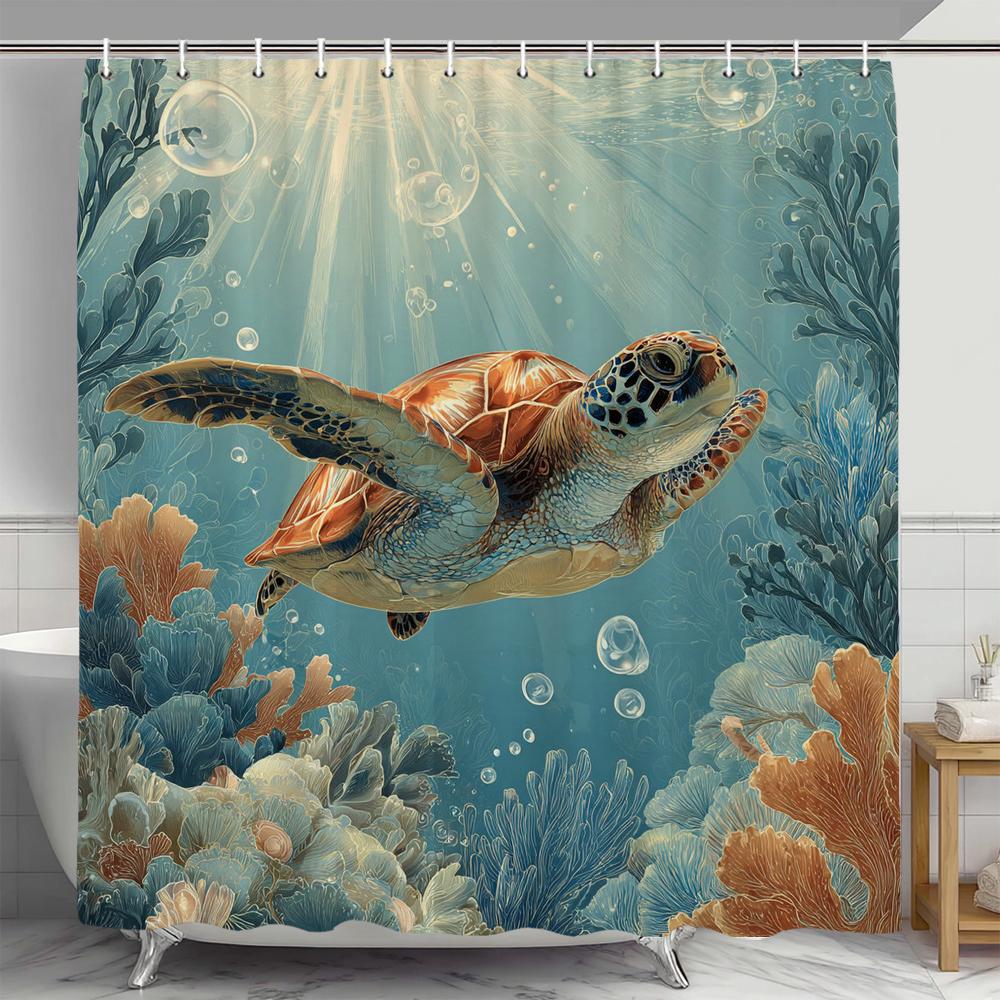 Sea Turtle Shower Curtain, Blue Beach Coastal Sea Turtle Starfish Underwater Creatures Bathroom Decorative Shower Curtain