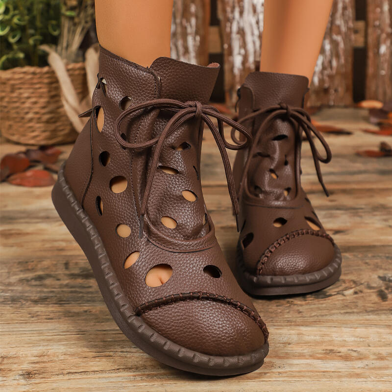 Fashion Vintage Breathable Hollowed Out Ankle Boots Women 2025 Autumn Retro Low Heel Solid Brown Boots Comfort Soft Sole Mom's Shoes