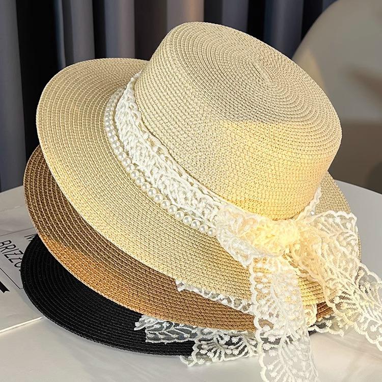 Women'S Linen Beach Sun Hat with Mesh Ribbon Decor, French Style Elegant Summer Sun Protection Hat, Breathable Straw Fisherman Cap with Bow