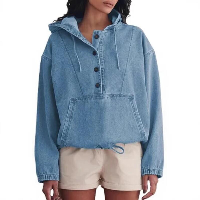 

Women Denim Hoodies Button Pockets Vintage Streetwear Autumn Winter Female Hooded Sweatshirts Ladies Casual Loose Pullover Tops L