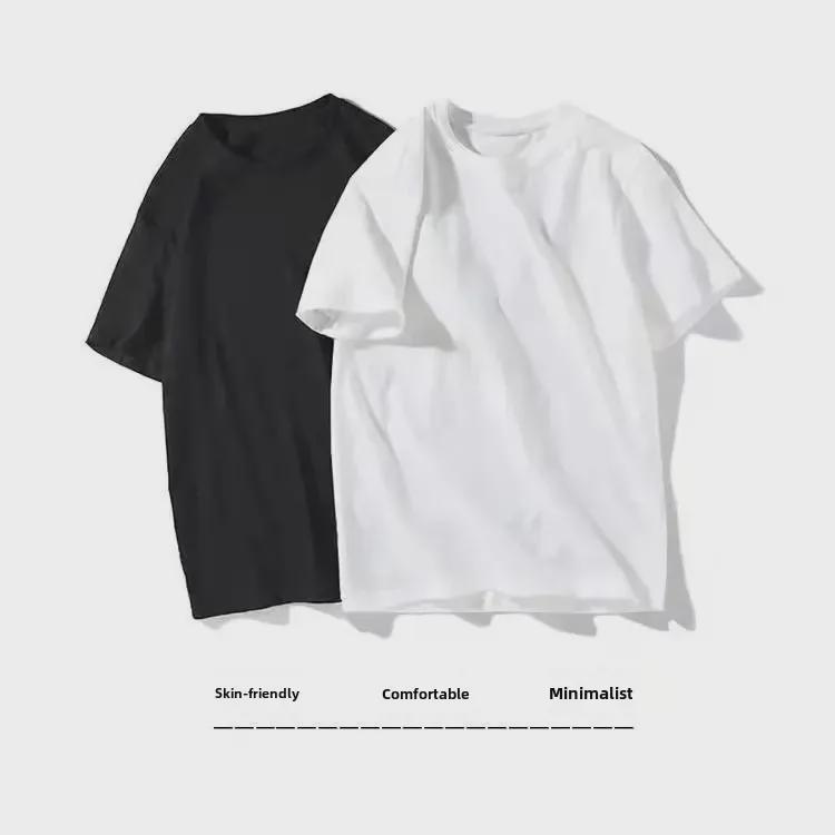 Unisex 180g CVC Cotton Black & White Short-Sleeve T-Shirt, Loose Fit, American Style, Casual with Small Collar and Thick Material.